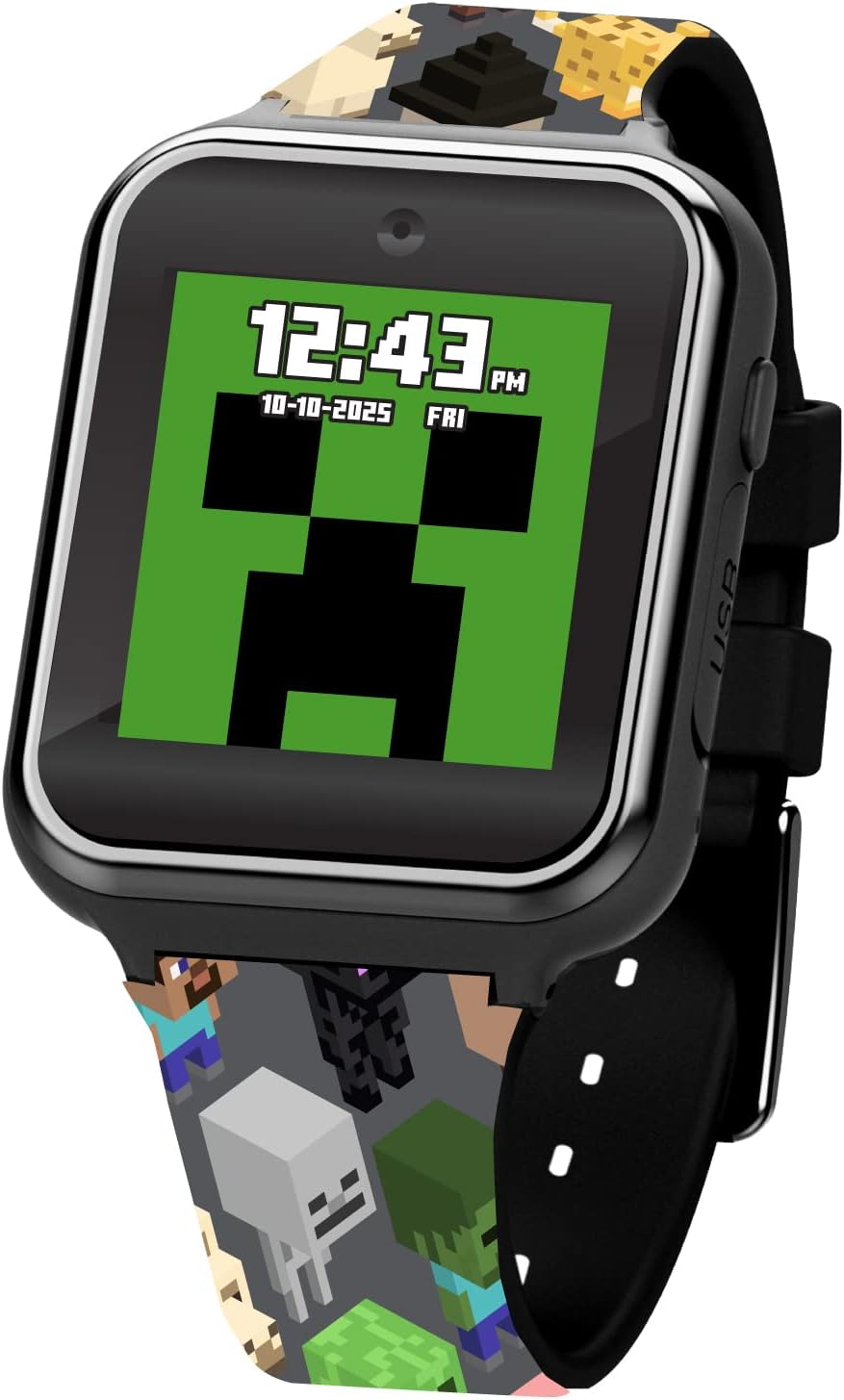Minecraft - Reloj inteligente LED interactivo con temática de juegos para niños, 10 caras intercambiables, contador de pasos, calculadora, juegos, cámara selfie, alarma y temporizador, correas de
