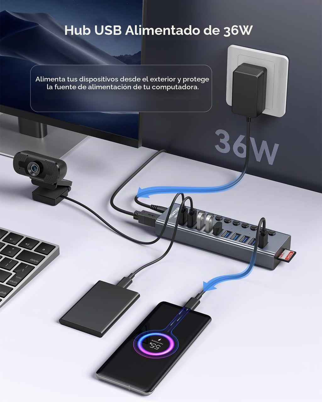 WENTER, hub USB 3.0 de 10 puertos, alimentado