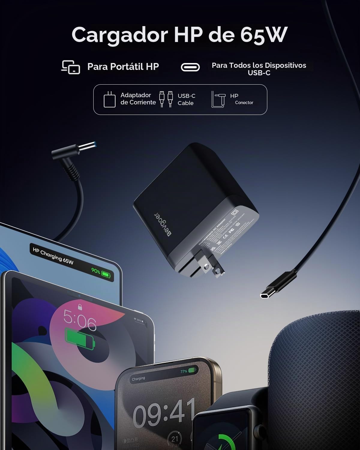 Cargador para portátil HP de 65 W con carga de dispositivo USB-C
