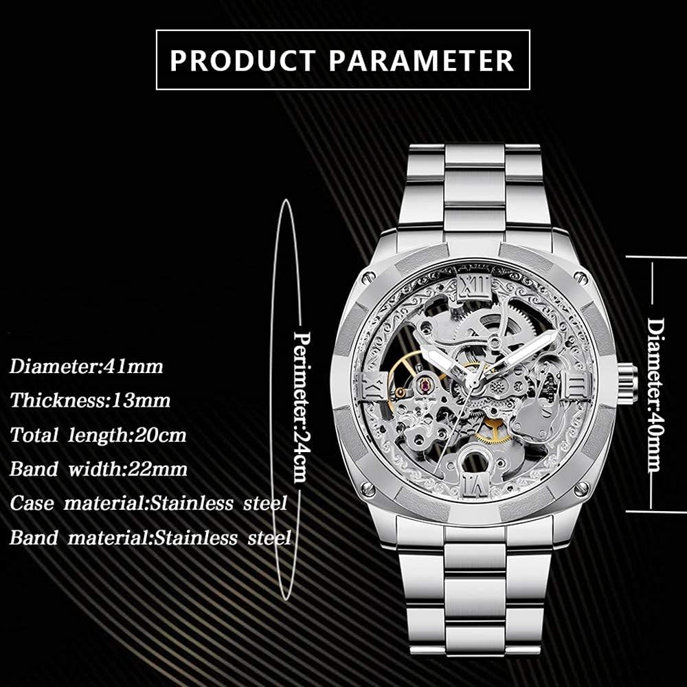 Tiong Reloj mecánico para hombre, de acero inoxidable, automático, con esqueleto, impermeable, para el día del padre, regalo