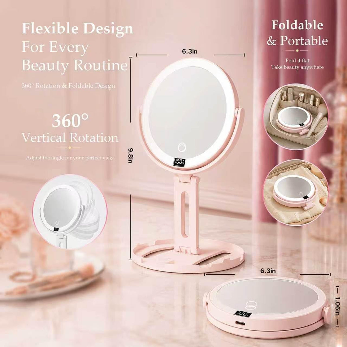 Espejo de maquillaje de viaje con luces, espejo de aumento de doble cara 1X