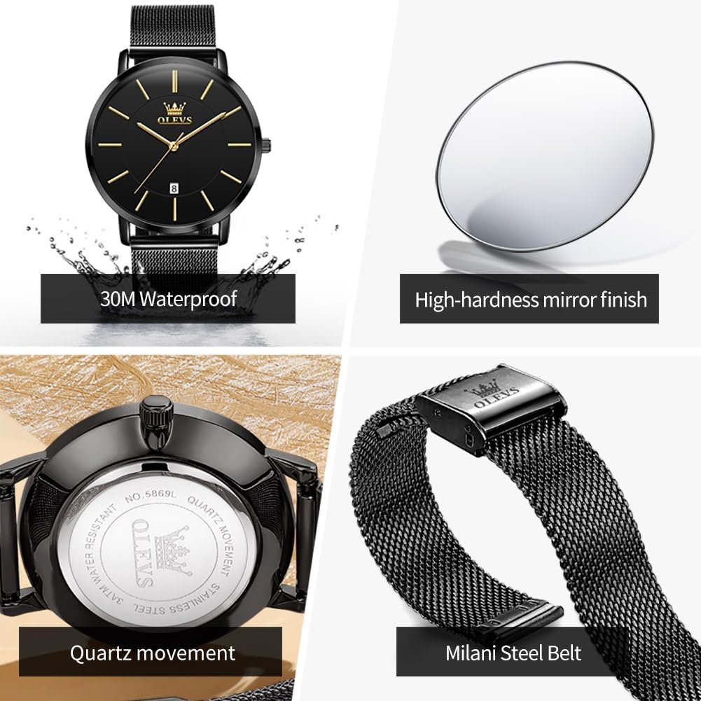 OLEVS Relojes de Hombre de Cuero Negro Ultrafinos 6.5 mm Minimalista Vestir Simple Moda Casual Resistente al Agua con Fecha