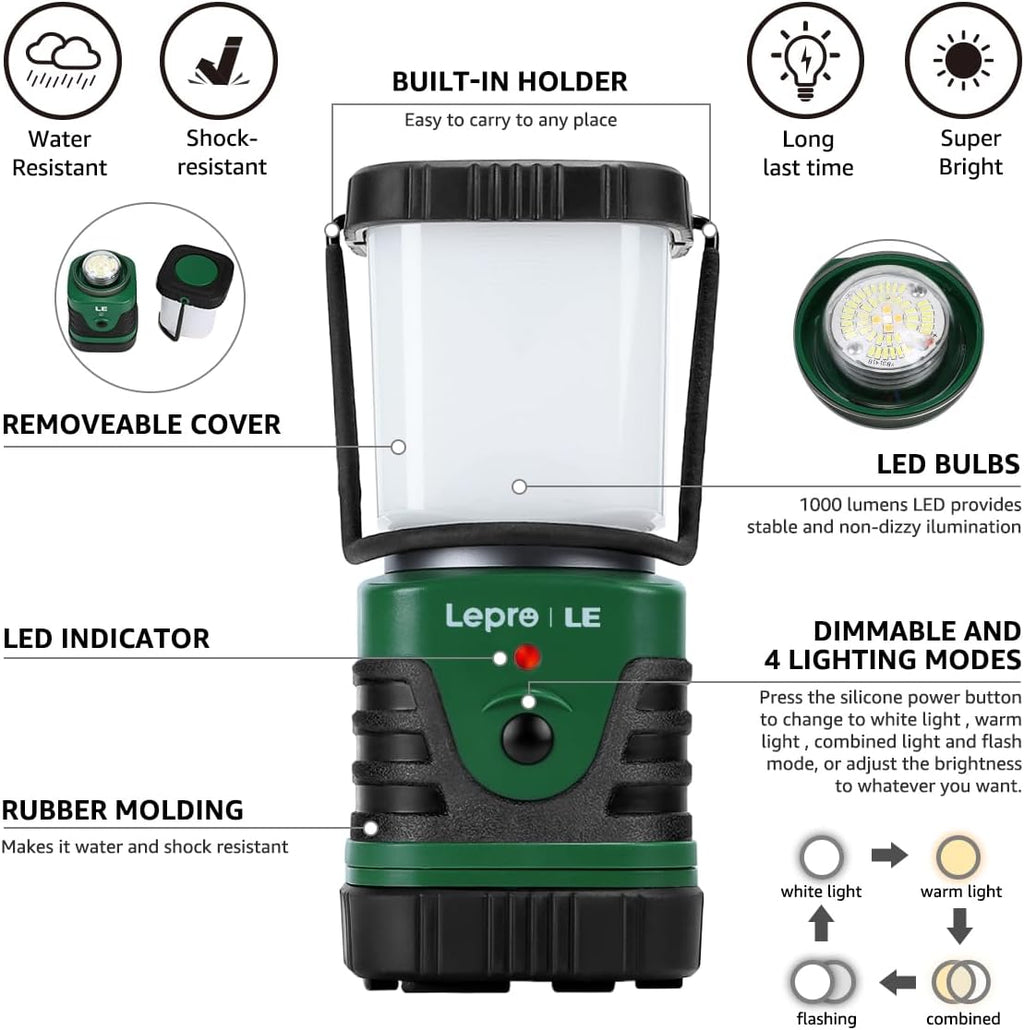 Lámpara LE farol led portátil para camping de 500 lúmenes, 3 modos, a batería, lámpara impermeable IPX4 para senderismo, pesca, para interiores, exteriores, para emergencias