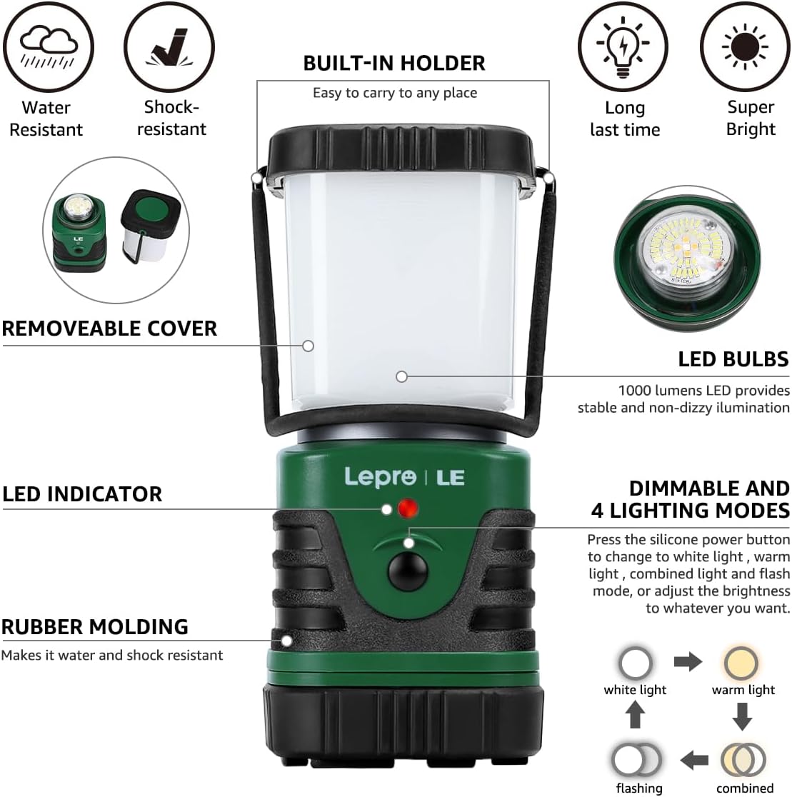 Lámpara LE farol led portátil para camping de 500 lúmenes, 3 modos, a batería, lámpara impermeable IPX4 para senderismo, pesca, para interiores, exteriores, para emergencias