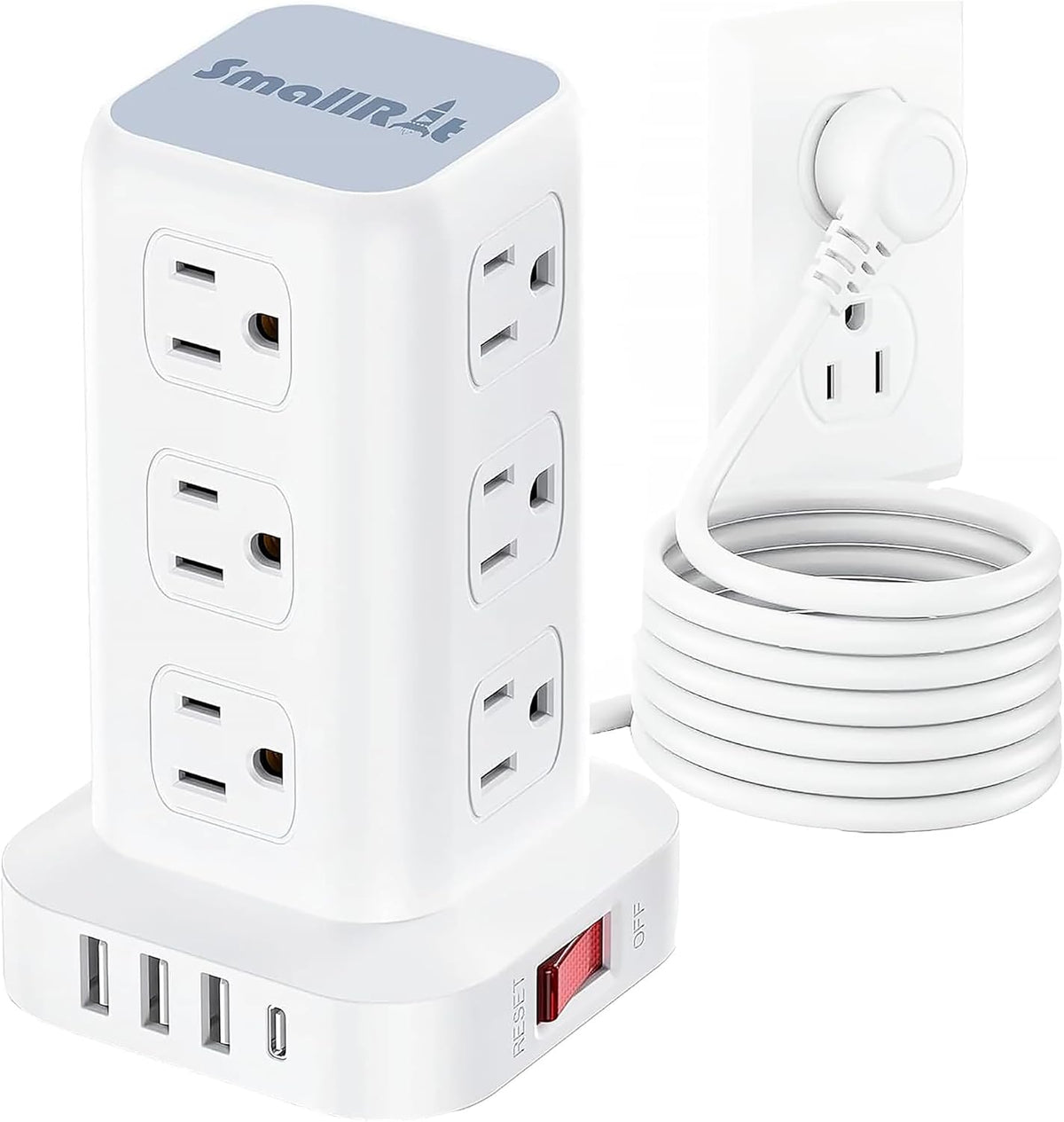 Regleta de alimentación con 12 tomas, 4 USB (1 USB C), cable de extensión de 10 pies con múltiples tomas, estación de carga, torre de regleta de alimentación, suministros de escritorio de oficina en