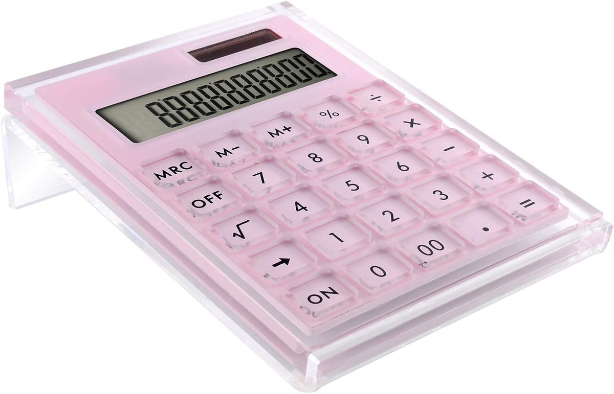 Calculadora de Acrílico con Soporte, Batería y Energía Solar Híbrida Calculadora Básica de 12 Dígitos con Pantalla LCD, Accesorios de Escritorio para Hogar y Oficina (Rosa)
