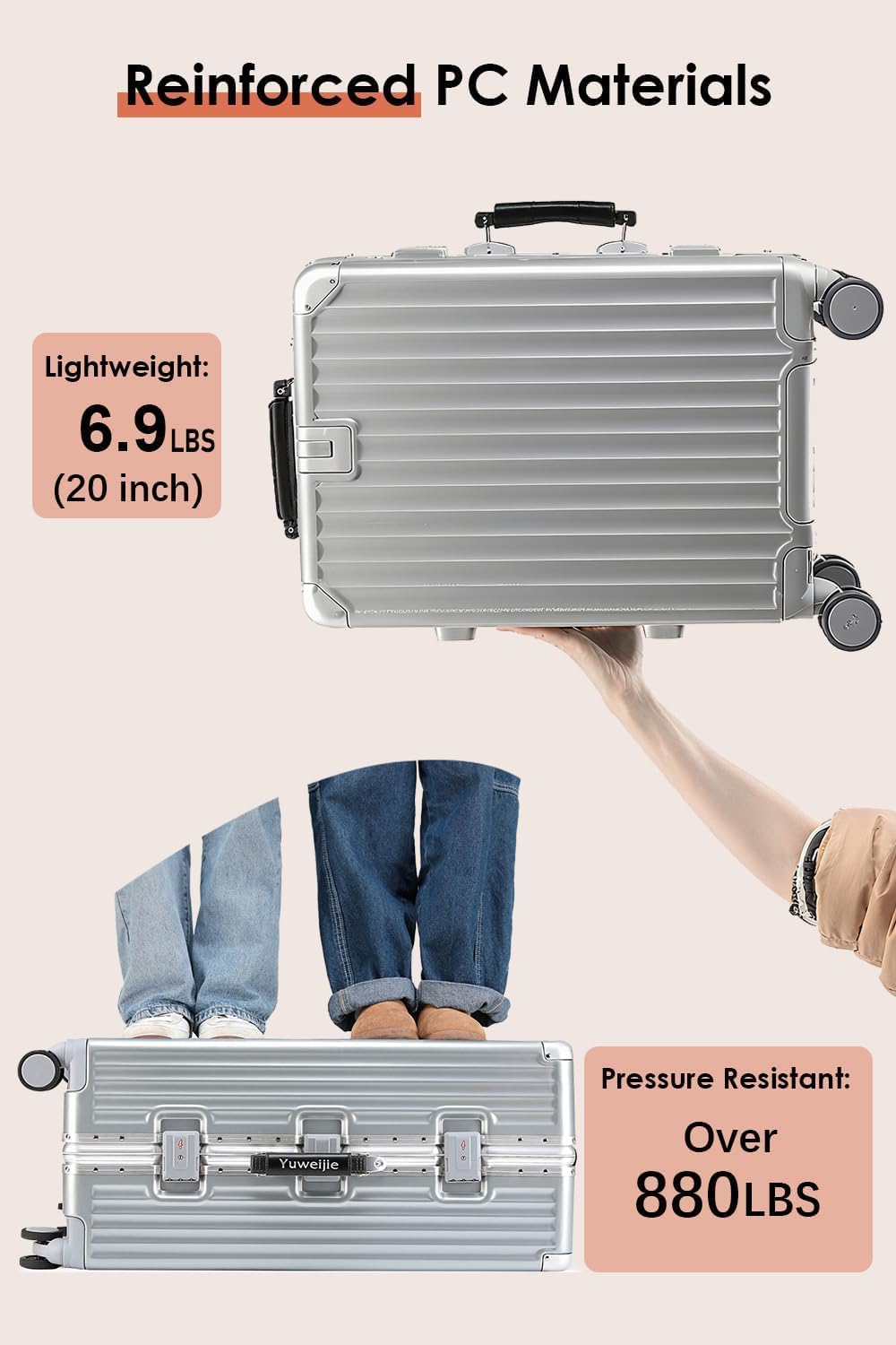 HotWay Equipaje de mano con mango de cuero, maleta sin cremallera de policarbonato con ruedas giratorias y cerraduras TSA, equipaje aprobado por aerolíneas de 22 x 14 x 9 para viajes, Gris, Equipaje