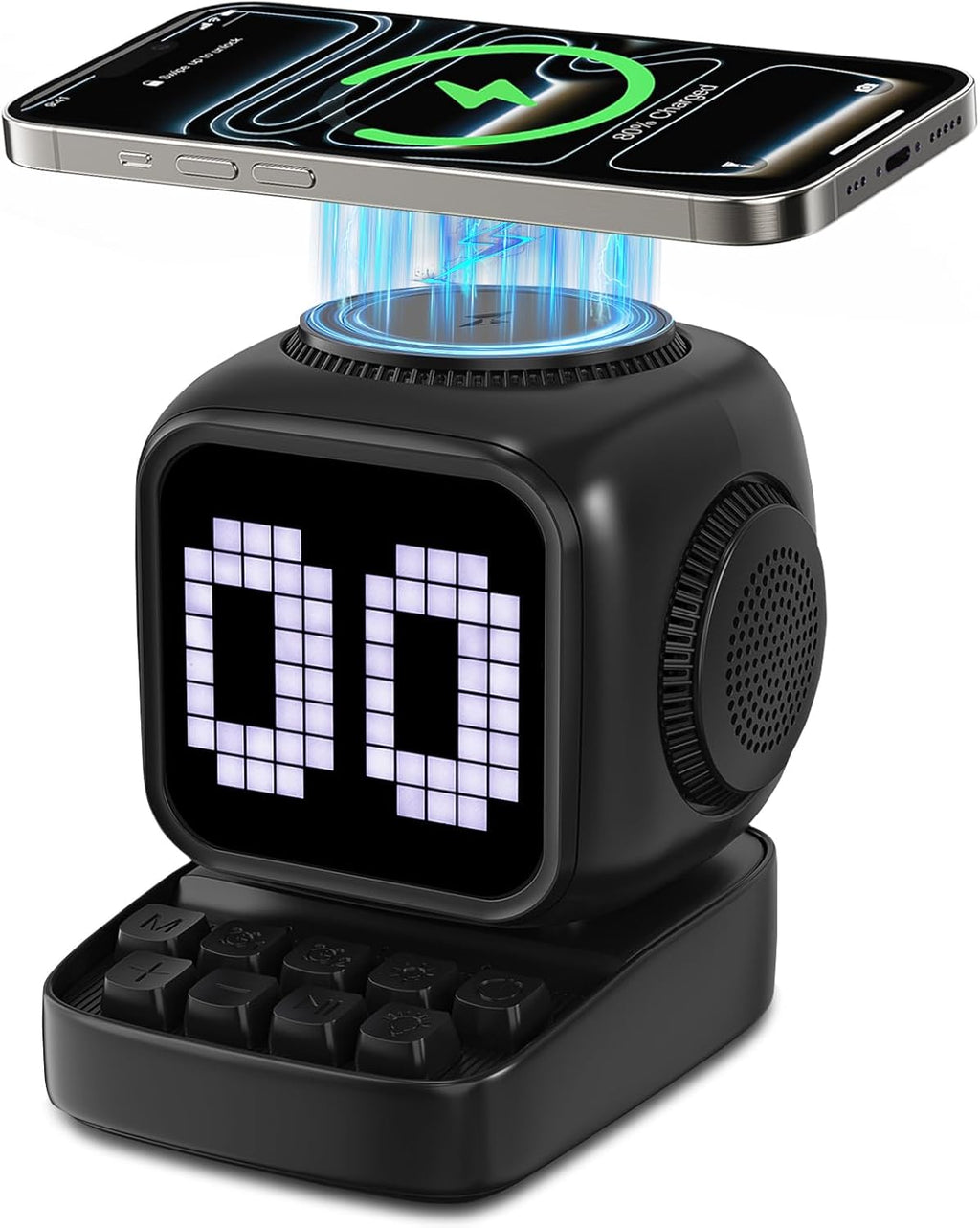 Altavoz Bluetooth 5 en 1 de robot retro: cargador inalámbrico de 15 W, pantalla LED de píxeles, sonido estéreo de 10 W y 15 ruido blanco, reloj despertador, lindo altavoz inalámbrico portátil para