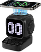 Altavoz Bluetooth 5 en 1 de robot retro: cargador inalámbrico de 15 W, pantalla LED de píxeles, sonido estéreo de 10 W y 15 ruido blanco, reloj despertador, lindo altavoz inalámbrico portátil para