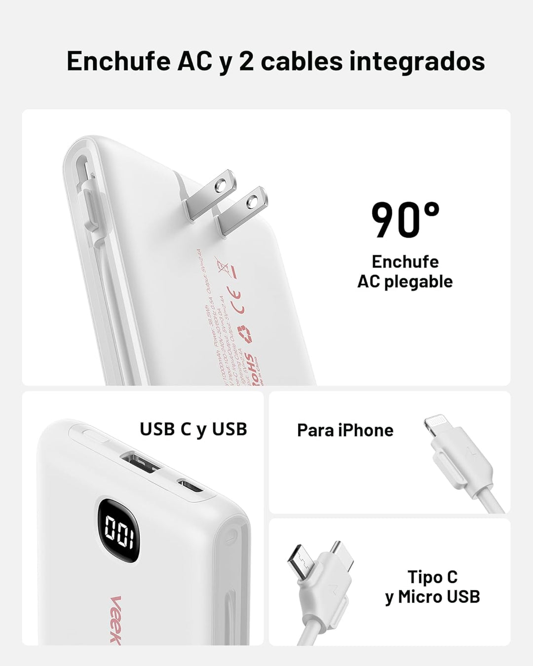 Cargador portátil de batería con cables integrados y enchufe de par...