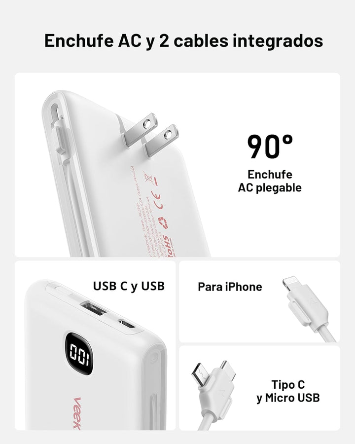 Cargador portátil de batería con cables integrados y enchufe de par...