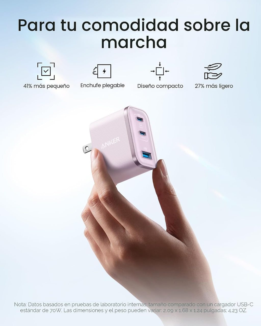 Anker Nano 70W Max Cargador Rápido de 3 Puertos USB-C, cargador tipo C de carga