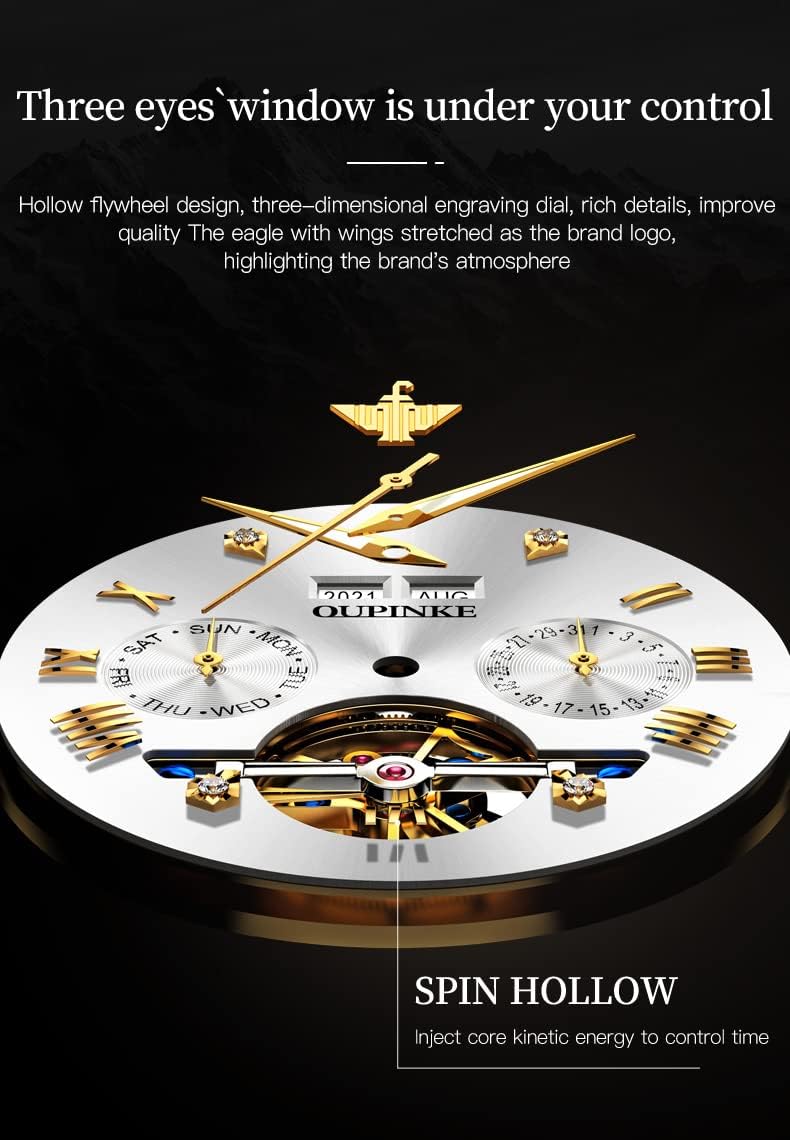 Relojes automáticos de esqueleto para hombre, reloj de pulsera de lujo mecánico de cuerda automática de cristal de zafiro, reloj de acero de tungsteno, 164.0 ft, impermeable, luminoso, sin batería, Dorado, carátula blanca de acero tungsteno, redondo