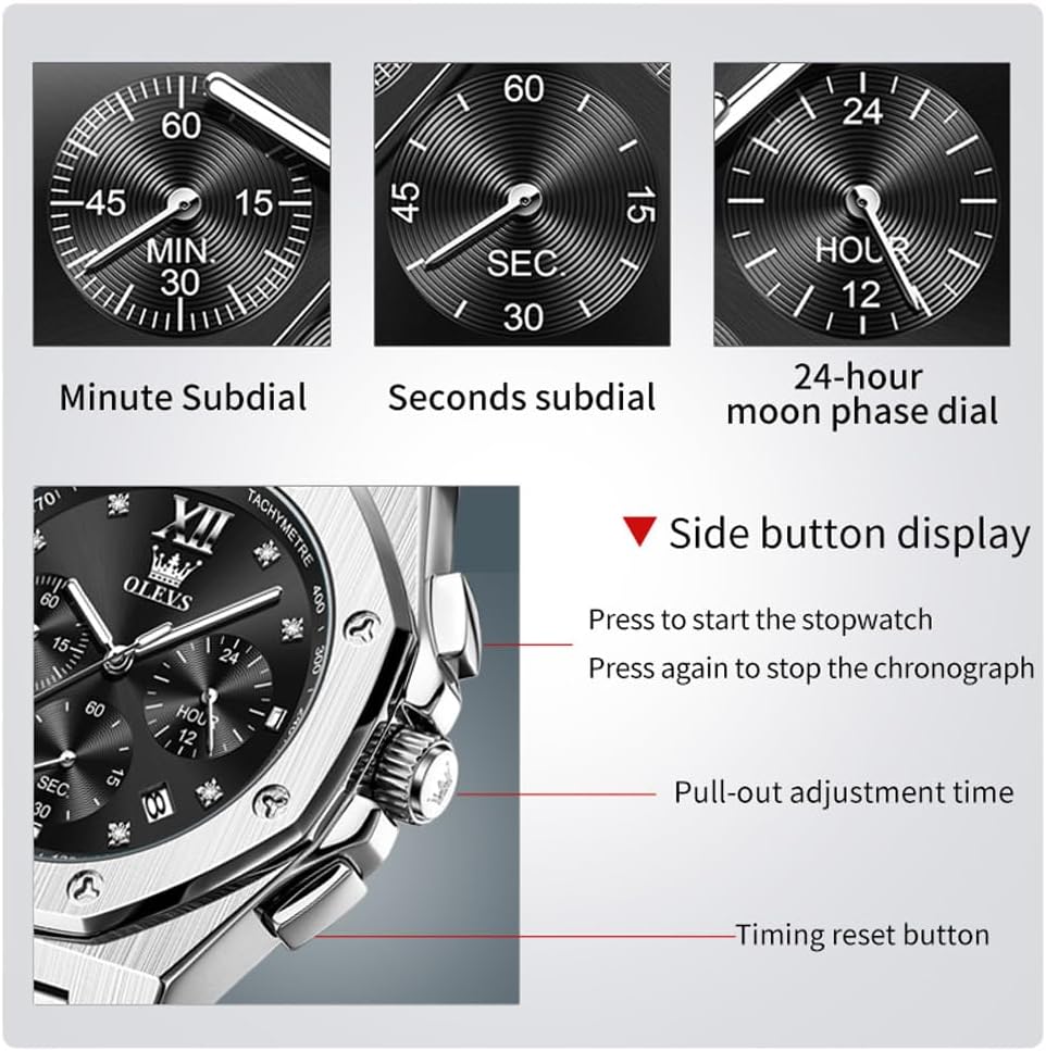 OLEVS Reloj para hombre Big Face Acero inoxidable Impermeable Luminoso Diamante