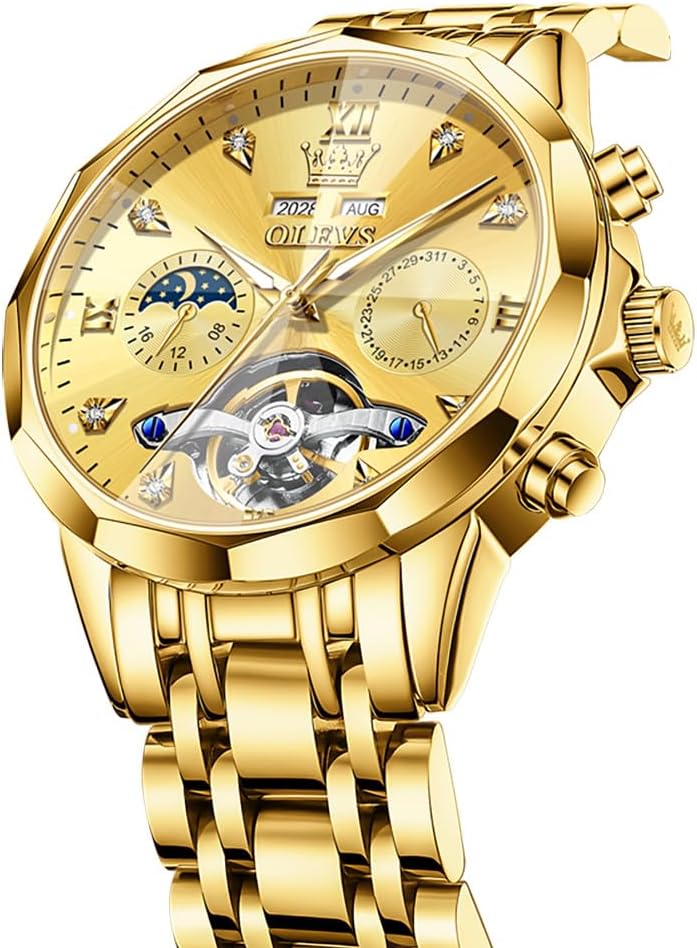 OLEVS Relojes de Hombre Esqueleto Automático Lujo de Negocios Diamante Autoentregado (Self Winding) Reloj de Pulsera de Acero Inoxidable con Calendario