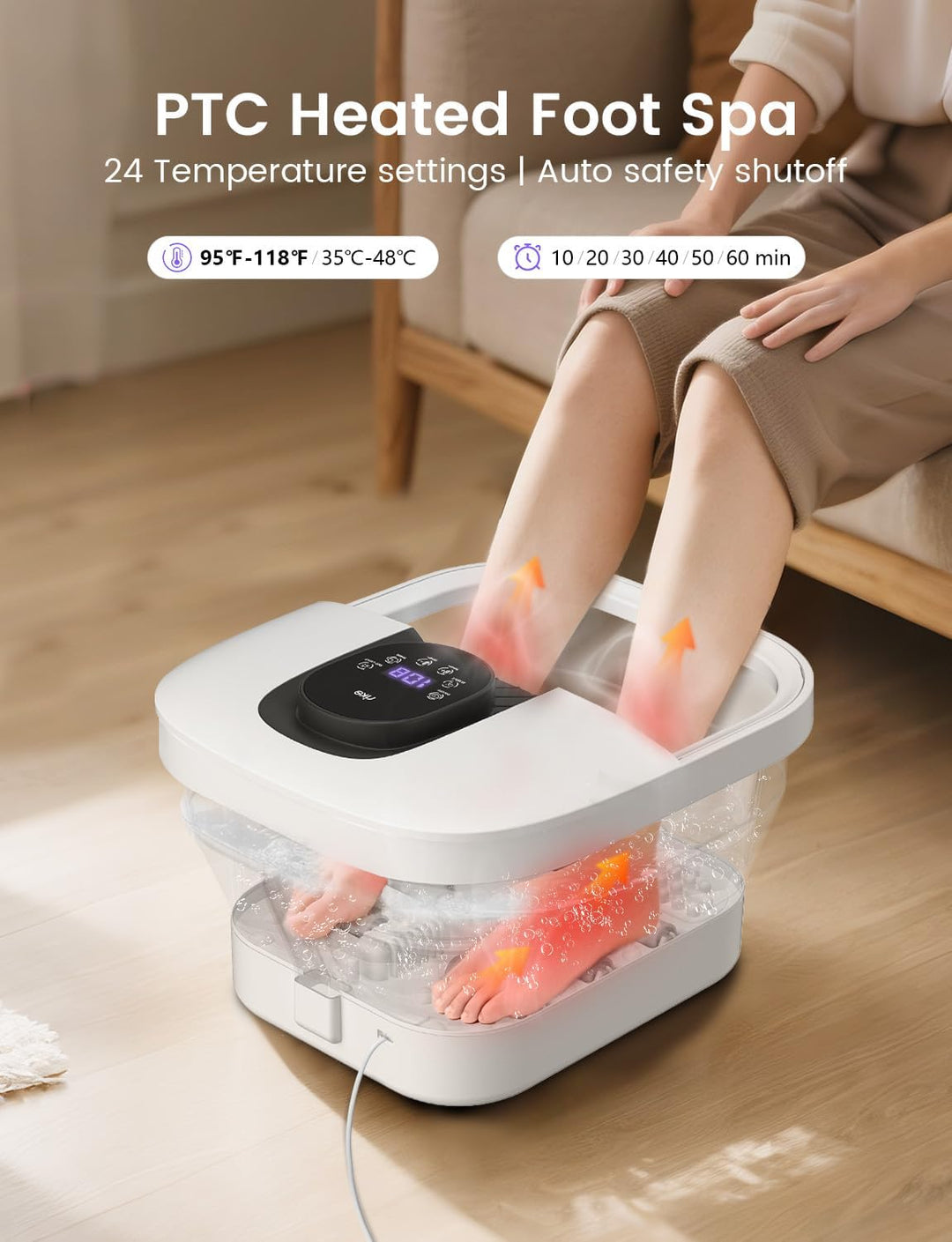 RIKE Spa de pies plegable con calentamiento rápido y masaje PTC, ba...