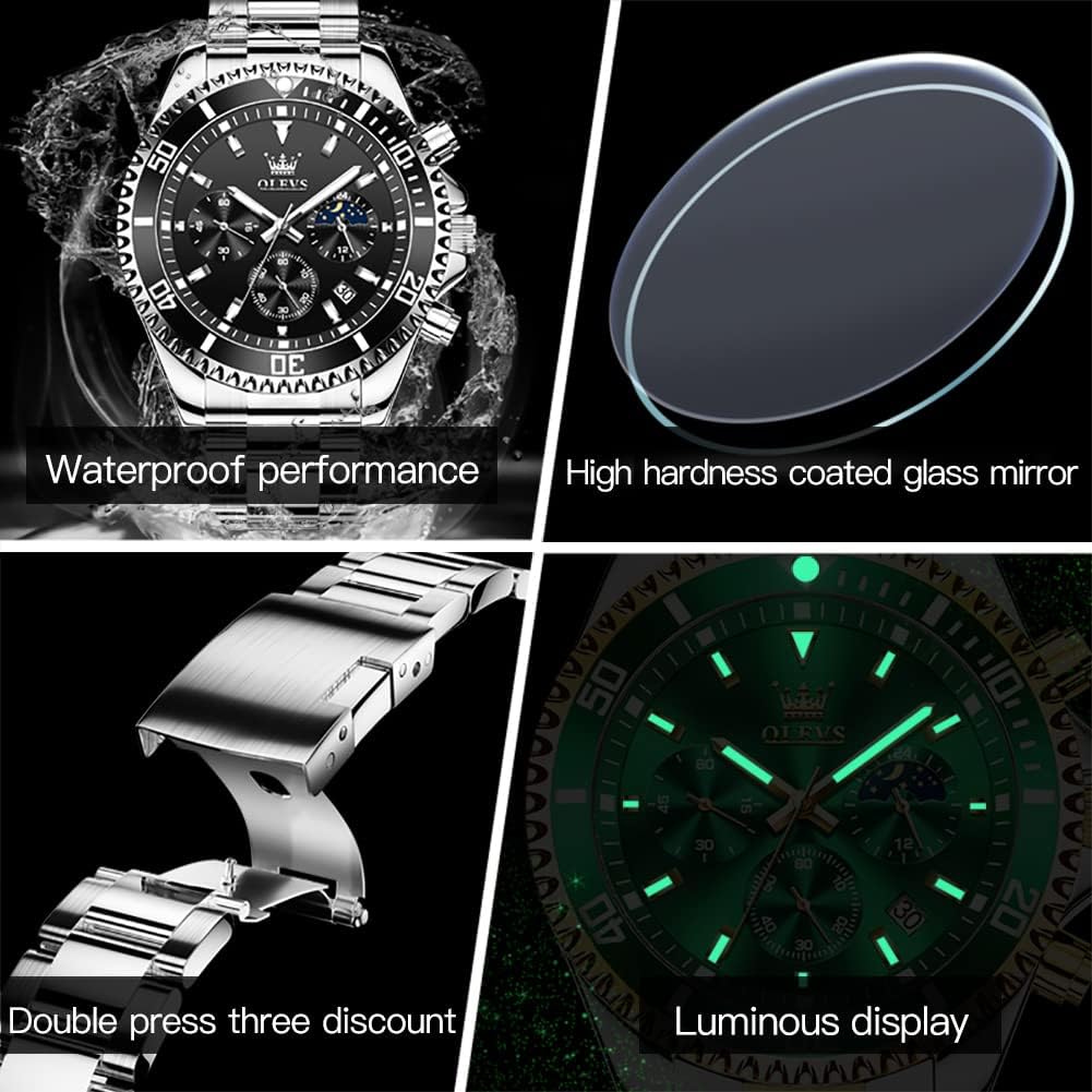 OLEVS Relojes para hombre, de cara grande, de acero inoxidable, resistente al agua, con fecha, analógicos, de cuarzo, modernos, de negocios, relojes de pulsera para hombre