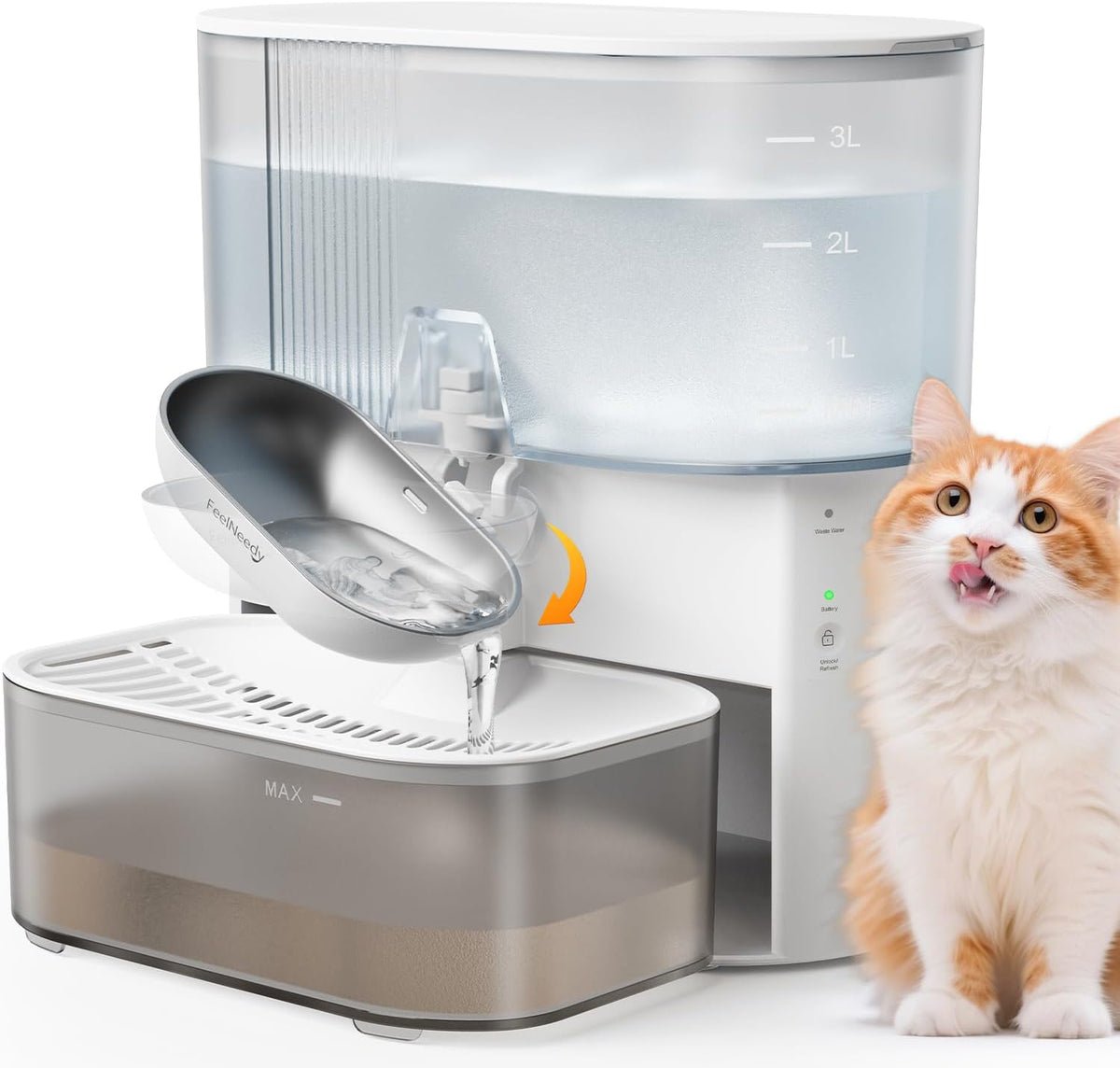 Fuente de agua inalámbrica para gatos sin filtros, Separación de aguas residuales, Cuenco de acero inoxidable FEELNEEDY, Fuente de agua para mascotas de 3.5L para gatos y perros, Dispensador, Blanco