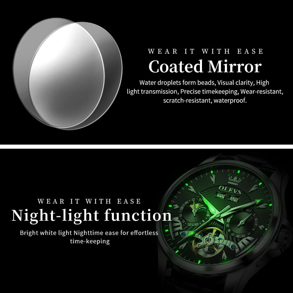 OLEVS - Relojes automáticos para hombre, multicalendario, con fase lunar, 3ATM impermeable, reloj de lujo clásico para negocios, de pulsera
