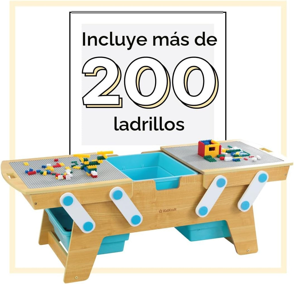 KidKraft Building Bricks Play N Store Wooden Table con 200+ Bricks, 3 Bins
