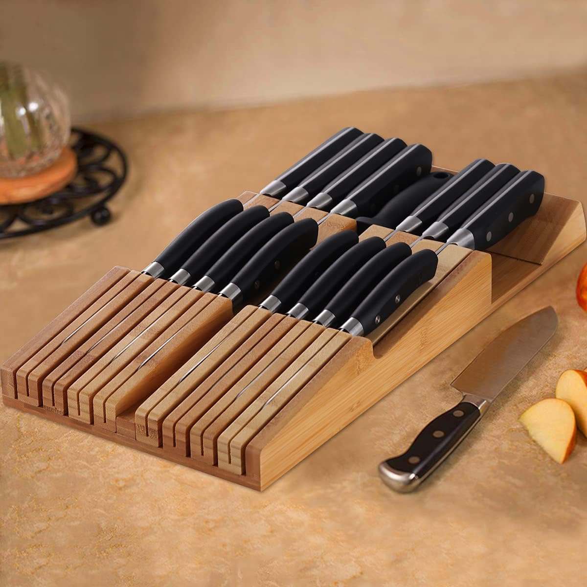 NIUXX Juego de Bloque de Cuchillos de Bambú para Cajón para 16 Cuchillos (No Incluidos), Organizador de Ranuras Grande para Cuchillos Lavable y Desmontable para Afilador de Acero y Cortador de Cocina