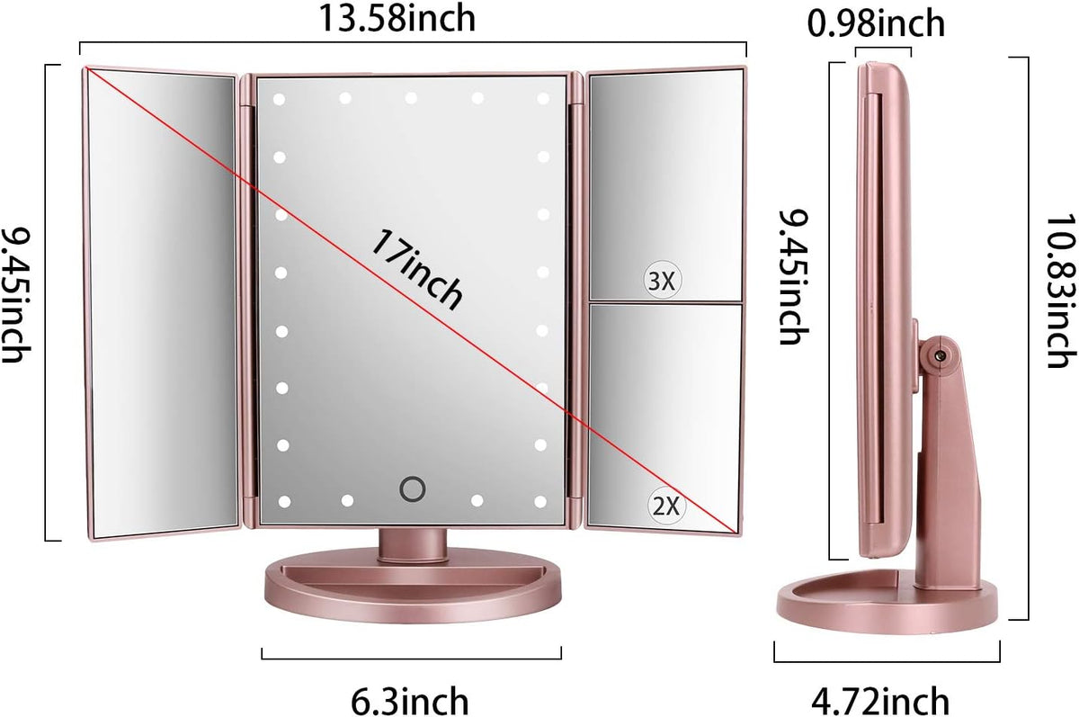 Espejo cosmético con tres pliegues DeWEISN con 21 luces LED para iluminación, pantalla táctil y ampliación de 3X/2X/1X, dos modos de suministro de energía, espejo de viaje