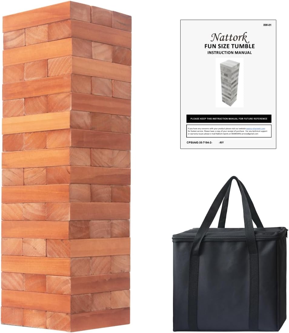 Nattork Torre gigante (pila de 1.77 pies a 4 + pies), juego de bloques gigantes apilables de madera | Hecho de madera de pino de alta calidad | Ideal para la familia, 54 unidades, marrón