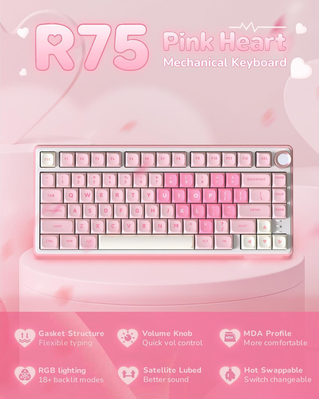 RK ROYAL KLUDGE Teclado mecánico R75 con cable con perilla de volum...
