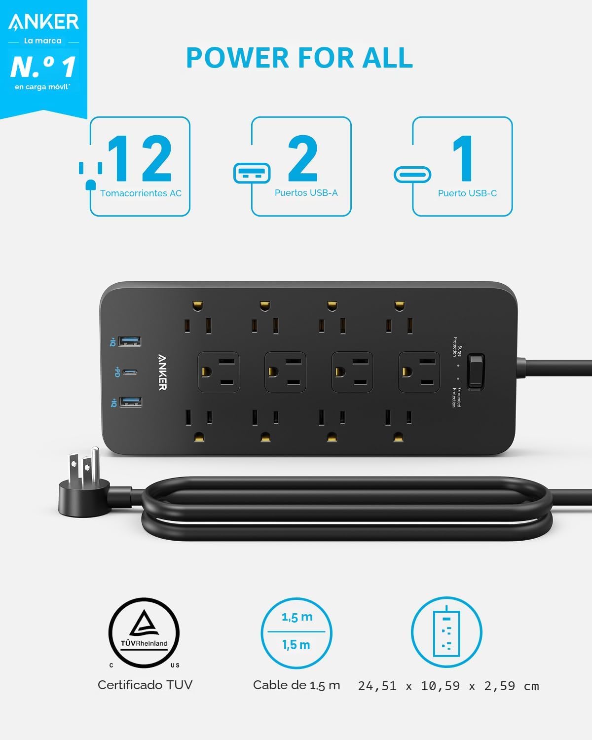 Anker Power Strip con 2100J Surge Protector, Outlet Extender, 20W, 12 AC