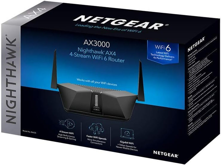 NETGEAR RAX35-100NAS Nighthawk AX3000 4 Stream Dual-Band Wi-Fi 6 Ro...