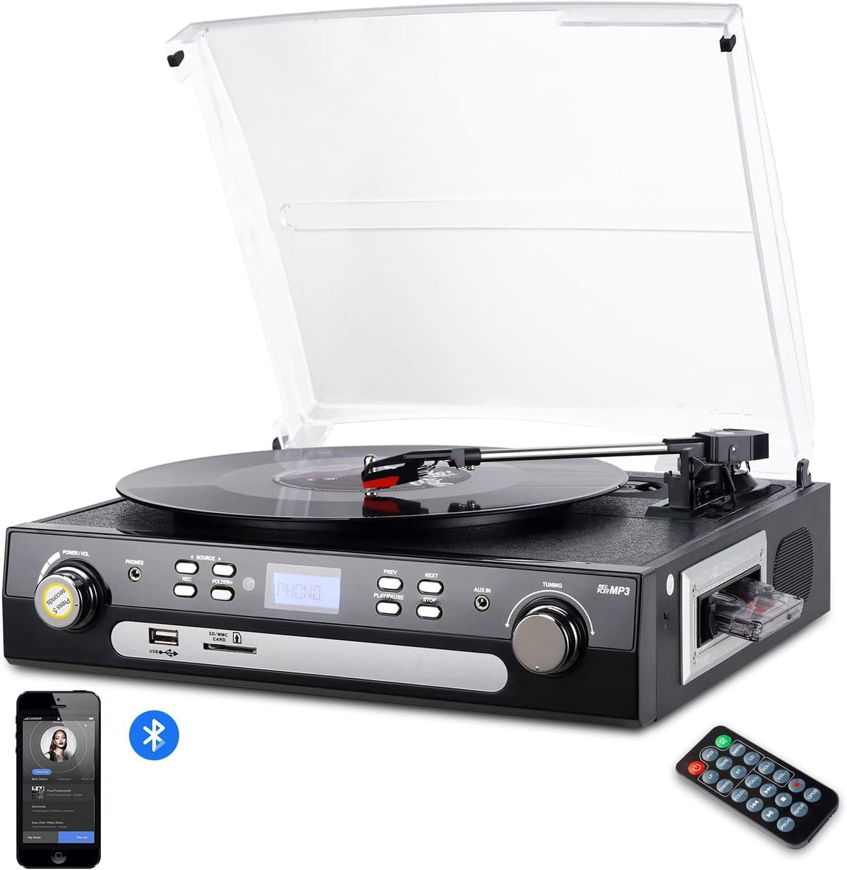 Tocadiscos Bluetooth 7 en 1 con altavoces estéreo, tocadiscos para vinilo a MP3 con reproducción de cassette, radio AM/FM, control remoto, codificación USB/SD, conector de salida de música de