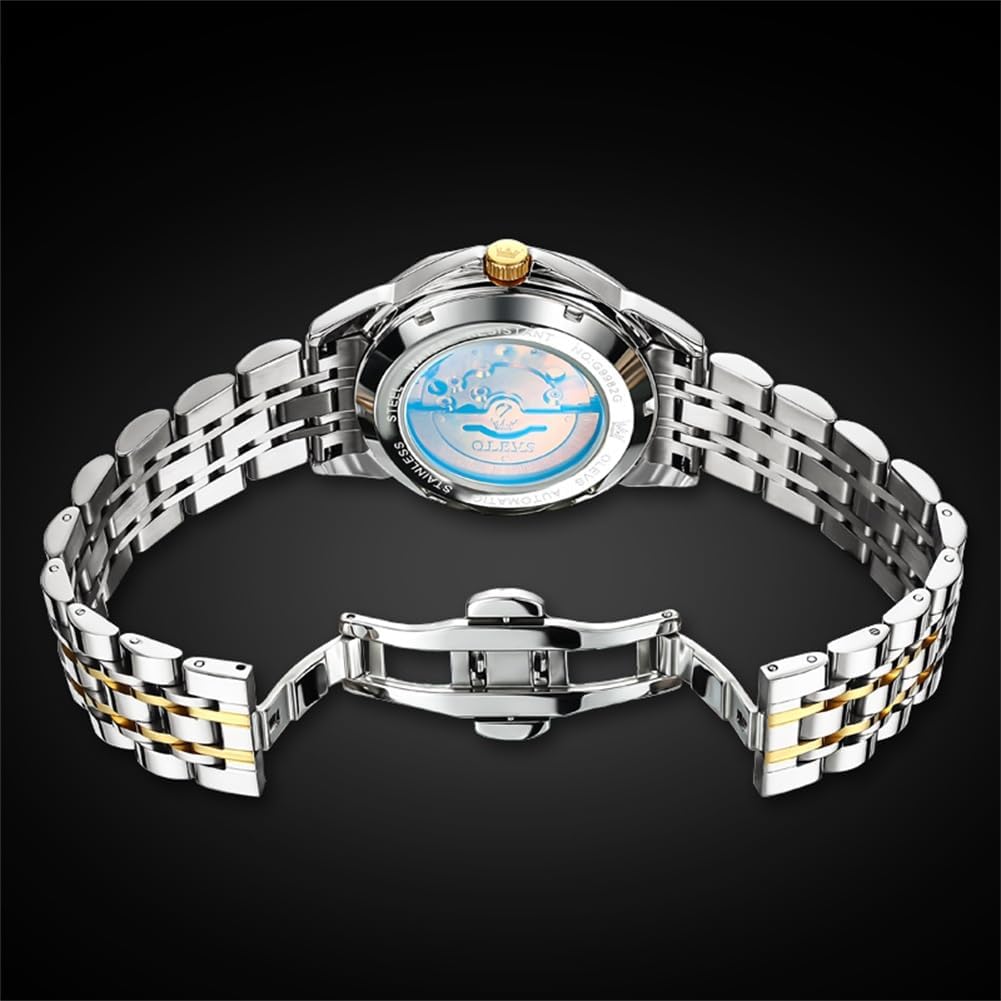 OLEVS Relojes de Hombre Esqueleto Automático Lujo de Negocios Diamante Autoentregado (Self Winding) Reloj de Pulsera de Acero Inoxidable con Calendario