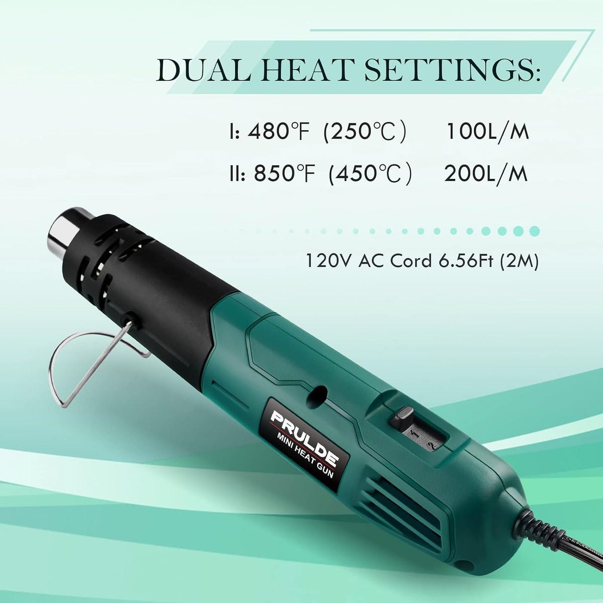 PRULDE - Mini pistola de calor para manualidades, 2 ajustes de temperatura, 480 ℉ y 850 ℉ pistola de calor rápido con cable UL de 6.6 pies/boquilla reflectora, pistola de aire caliente con protección contra sobrecalentamiento para envoltura