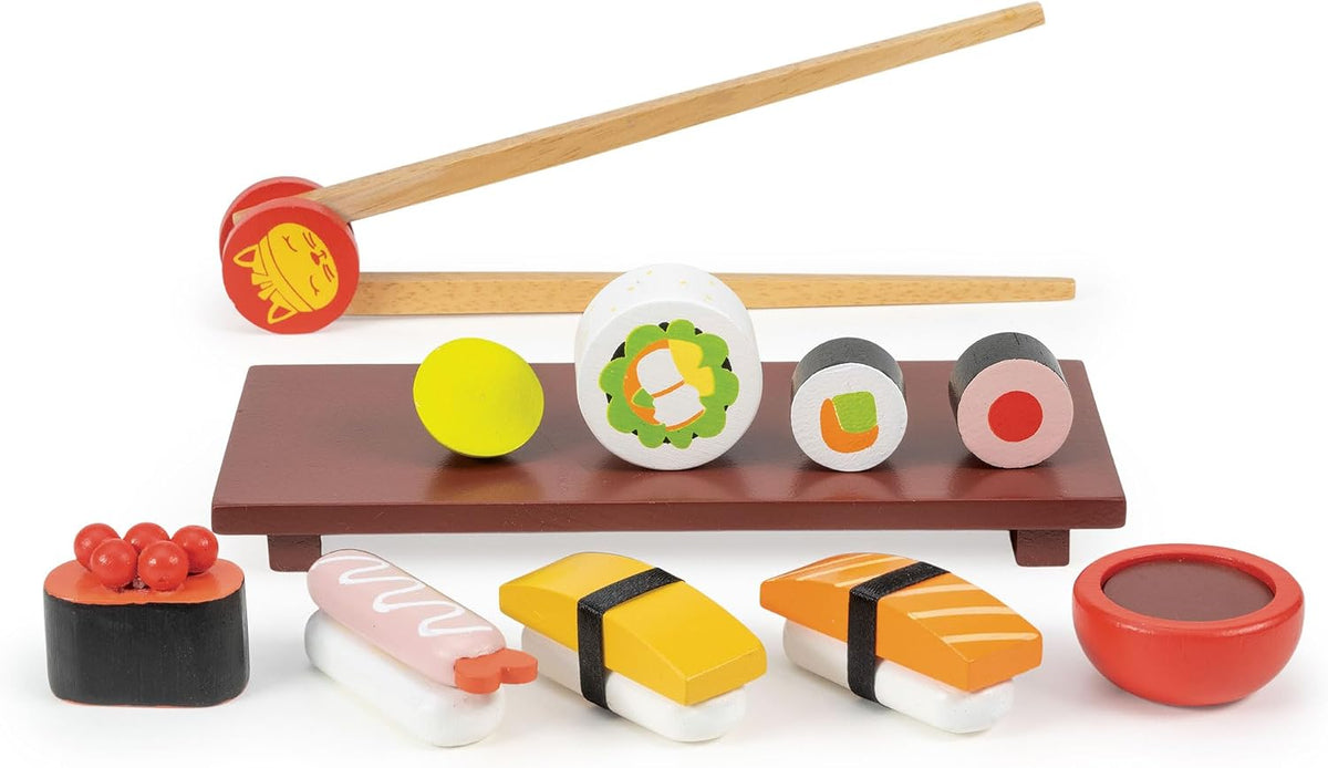 Mentari Juguetes – Juego de sushi – Juego de 11 piezas de comida de madera para niños – Incluye sushi, salsa de soja, wasabi y palillos – Fomenta el juego imaginativo, habilidades motoras finas