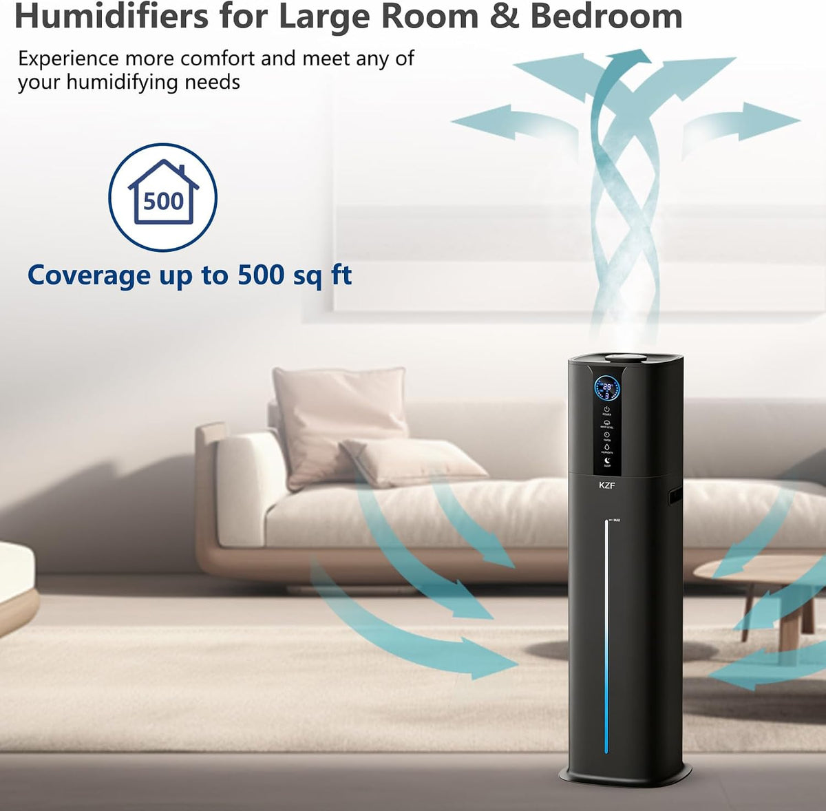 KZF Humidificadores de 9L para dormitorio grande, difusor de llenado superior de niebla fría de 2.3 galones, control remoto, 3 modos de niebla, humidificador silencioso para plantas de oficina en casa