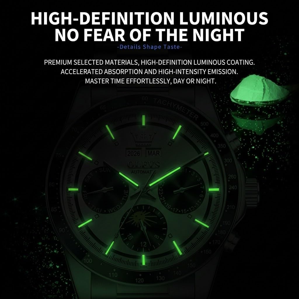 OLEVS Reloj automático para hombre, sin batería, impermeable, mecánico, de acero inoxidable, con cuerda automática, reloj de pulsera Luxuxry con tourbillon, día-día, año y cronógrafo, regalo para él