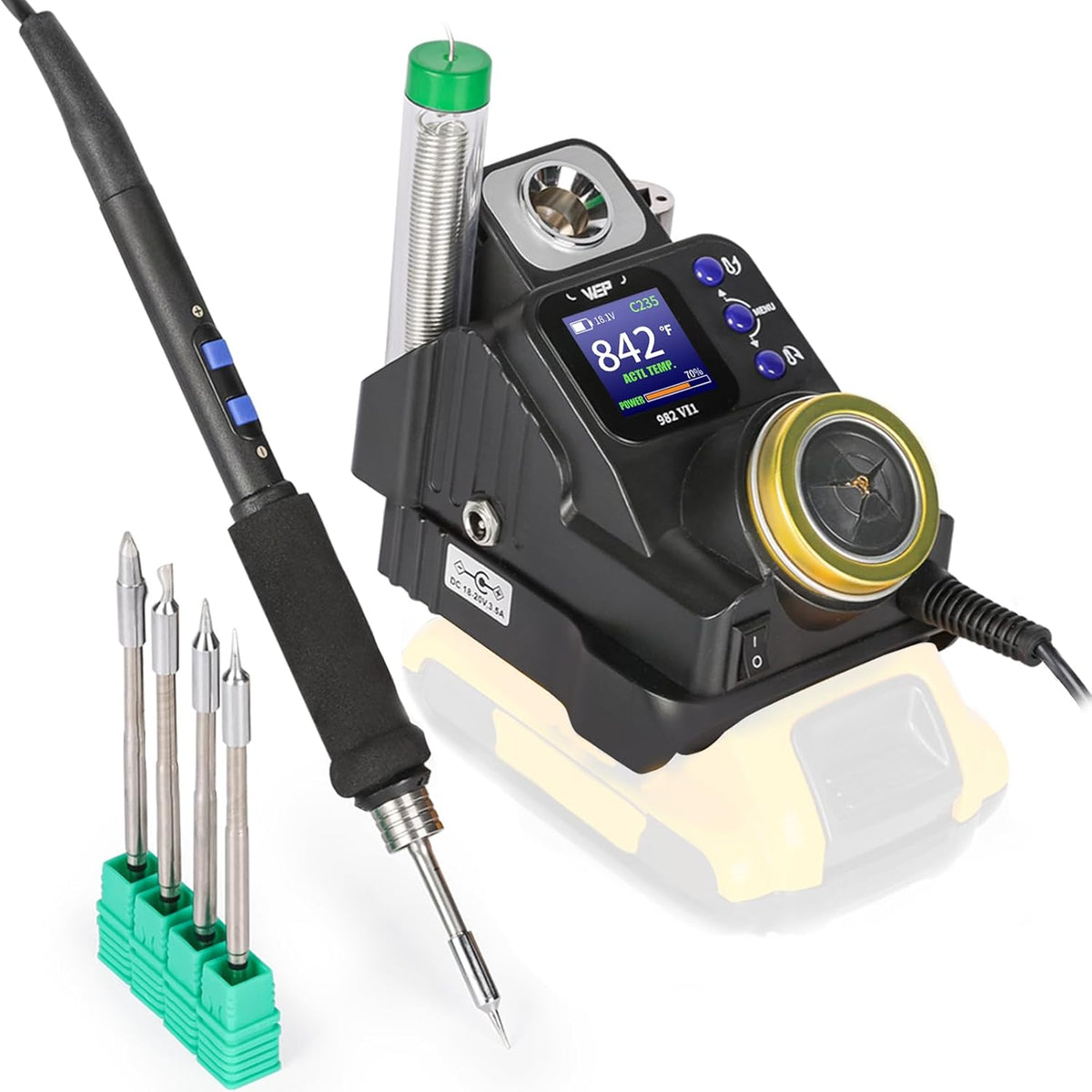 WEP 982-VI 1 Estación de soldadura inalámbrica para batería Dewalt 20V, kit de soldador con soporte integrado, limpiador de puntas, conversión °C-°F, modo de suspensión, 5 puntas compatibles C235