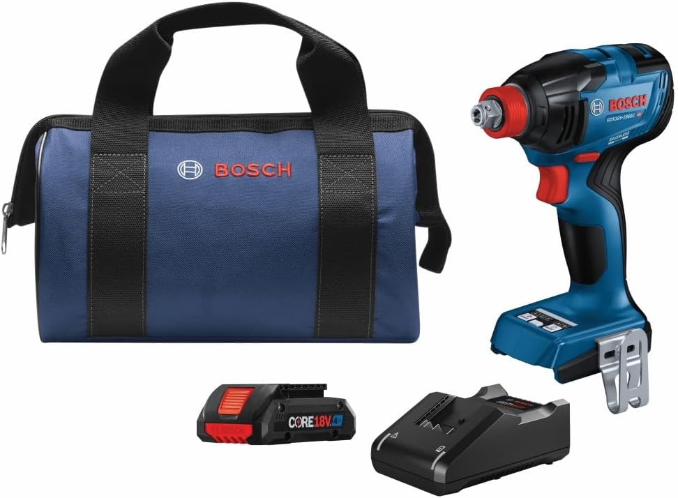 BOSCH GDX18V-1860CB15 Kit de llave de impacto de broca conectada de 18 V dos en uno de 1/4 pulgadas y 1/2 pulgadas con (1) batería de alimentación avanzada CORE18V 4 Ah
