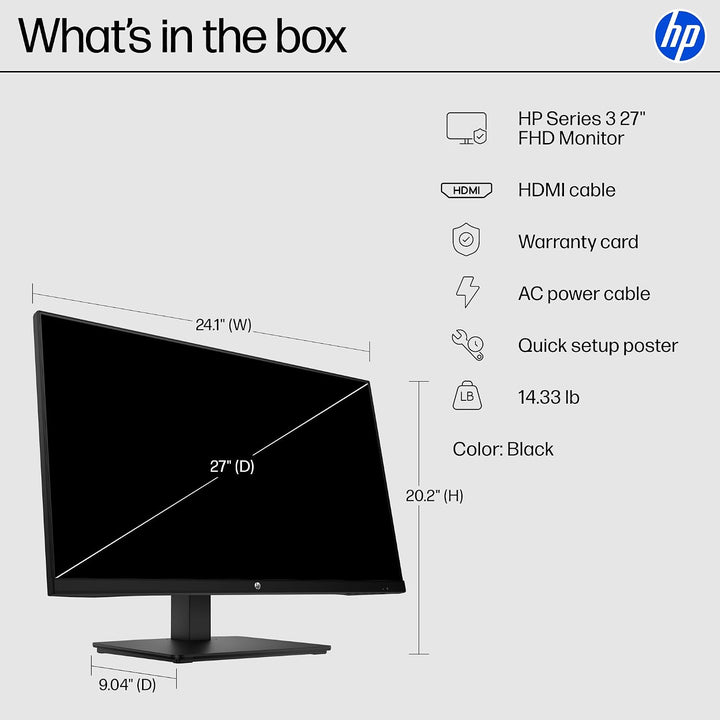 Monitor HP Serie 3 de 27 pulgadas FHD, pantalla Full HD (1920 x 108...