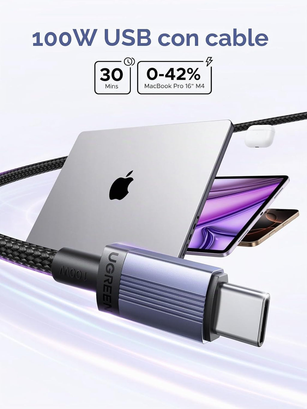 UGREEN Paquete de 2 cables USB C de 100 W de carga rápida, cable tipo C USB C para iPhone 17/16/15, MacBook Pro/Air, Galaxy S25/S24/S23, iPad Pro/Air, Pixel 10/9, Switch, AirPods, 10 pies