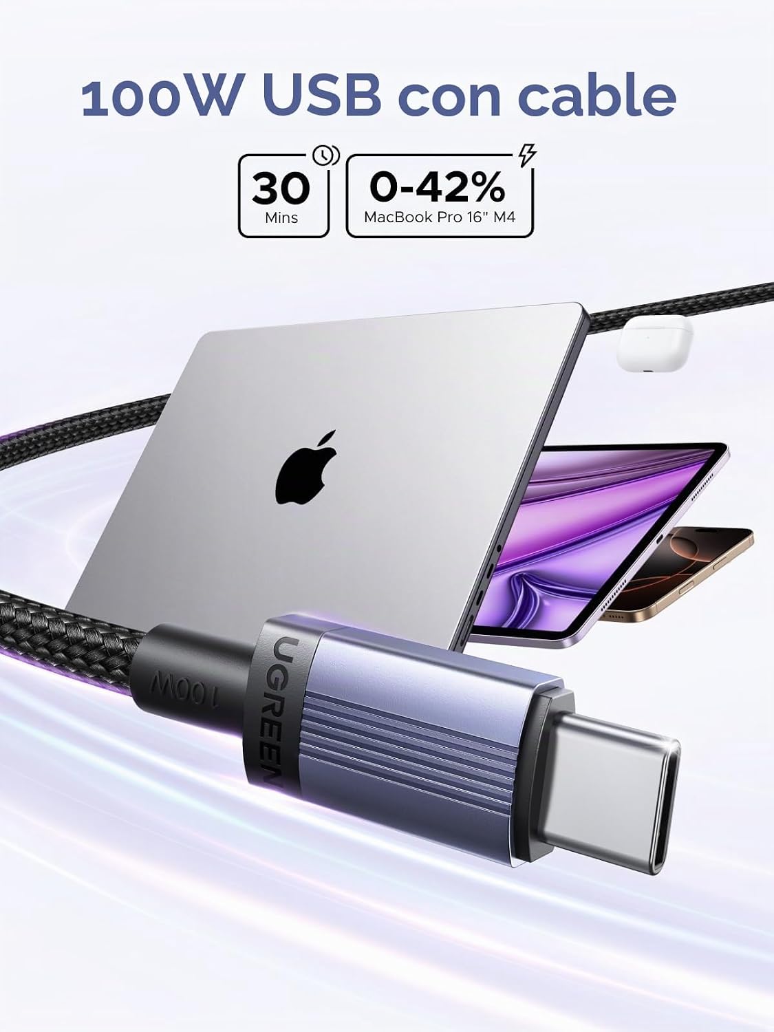 UGREEN Paquete de 2 cables USB C de 100 W de carga rápida, cable tipo C USB C para iPhone 17/16/15, MacBook Pro/Air, Galaxy S25/S24/S23, iPad Pro/Air, Pixel 10/9, Switch, AirPods, 10 pies