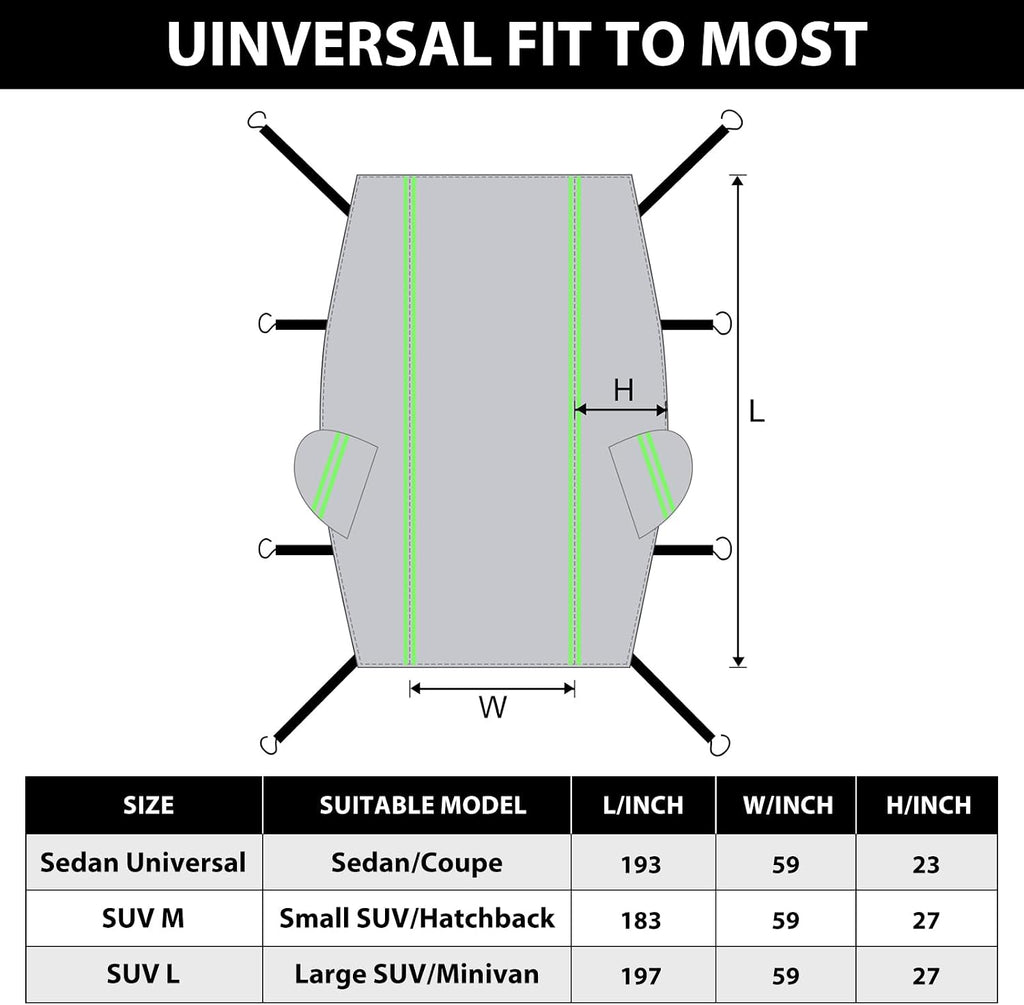Funda para automóvil con tira reflectante verde, protector de granizo con forro de algodón, cubierta de parabrisas para hielo y nieve, cubierta de carrocería para todo tipo de clima para sol, lluvia, polvo