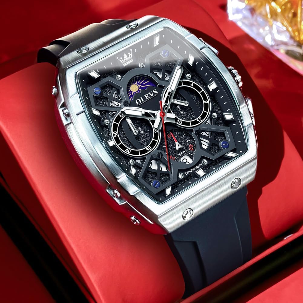 OLEVS Relojes para Hombre Casual Lujo Cara Grande Cronógrafo Multifuncional Relojes de Hombre Correa de Silicona/Nylon Duradera 3 ATM Resistente al Agua Reloj de Hombre Fecha Fase Lunar Reloj