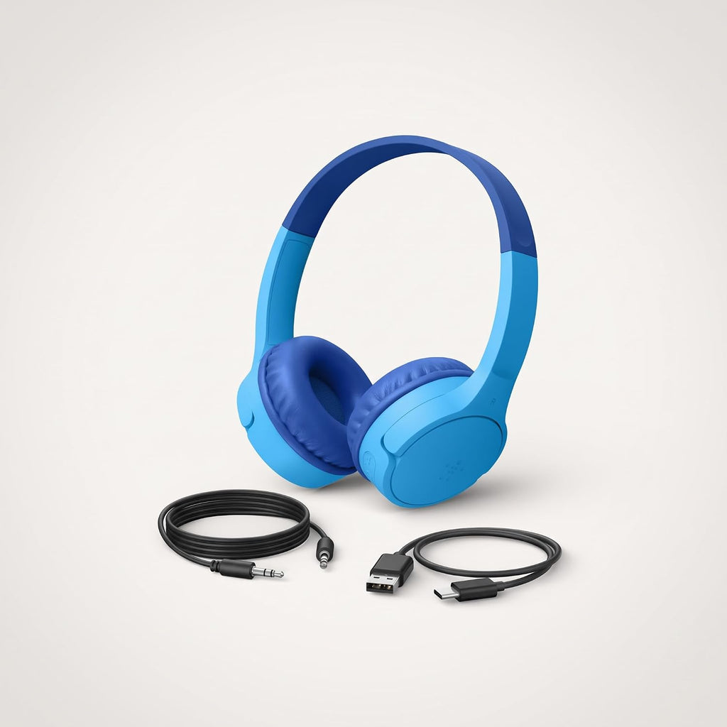 Belkin SoundForm Mini - Auriculares inalámbricos Bluetooth para niños, batería de 30 horas, límite de volumen seguro de 85 dB, micrófono integrado, auriculares para niños pequeños para iPhone, iPad