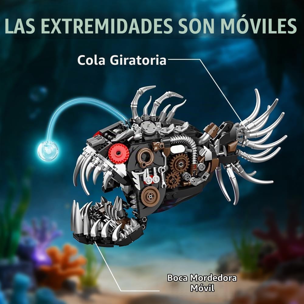 Lámpara Juego de construcción de peces mecánicos, 1010 piezas, modelos de bloques de monstruos de mar profundo con base de coral, juguetes de construcción de animales oceánicos steampunk, adecuado para niños