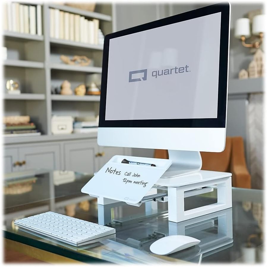 Quartet - Elevador de monitor para escritorio de cristal con pizarra de borrado en seco, Altura ajustable (Q090GMRW01)