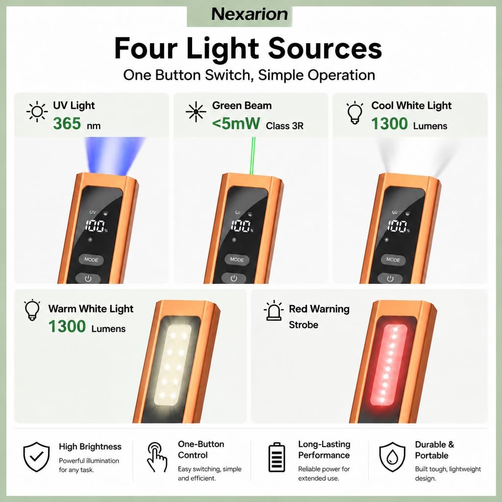 Lámpara Linterna recargable de 1300 lúmenes con láser verde, lámpara UV y lateral