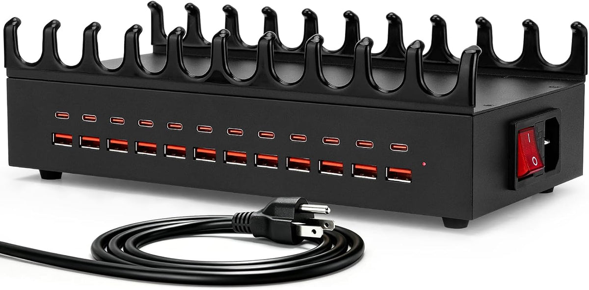 Estación de carga USB de 300 W para múltiples dispositivos, estación de carga rápida múltiple de escritorio de 24 puertos con soporte organizador de dispositivos y protección múltiple, regleta de