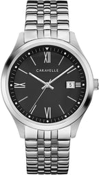 Reloj de vestir Caravelle by Bulova para hombre, de cuarzo, tono plateado, de acero inoxidable, esfera negra, Estilo: 43B158