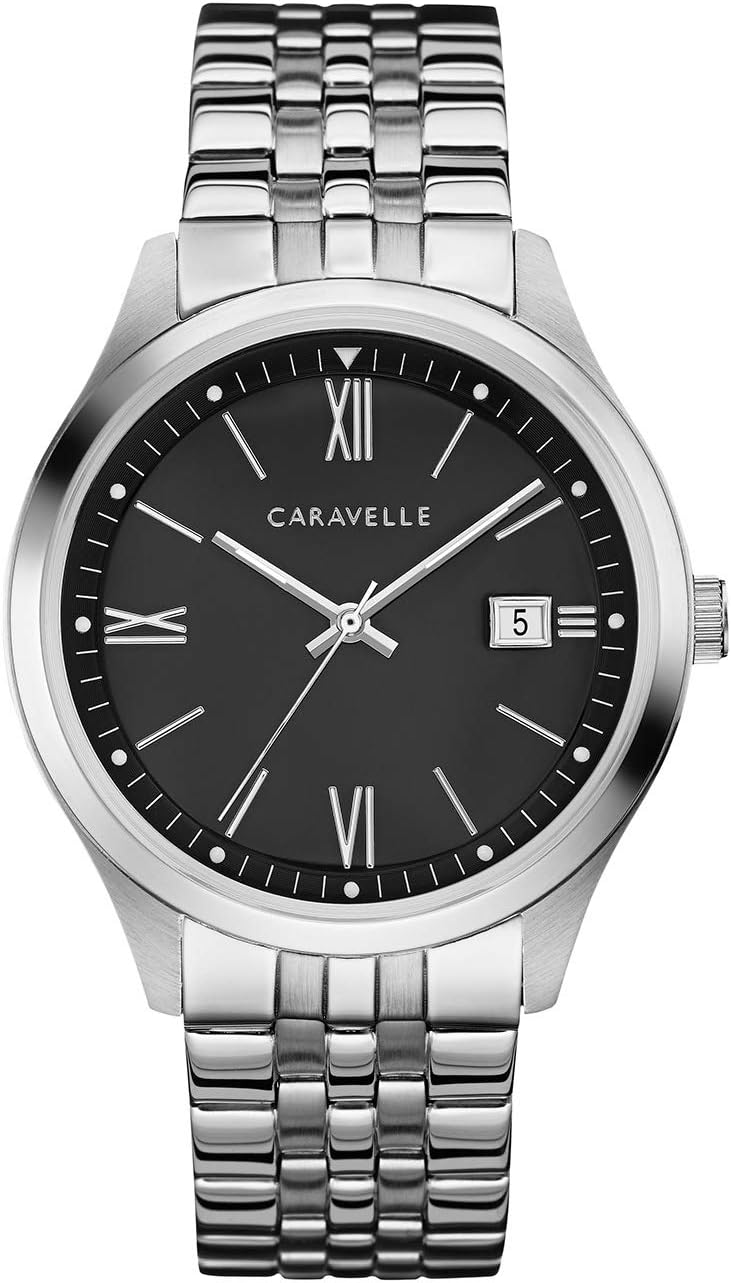 Reloj de vestir Caravelle by Bulova para hombre, de cuarzo, tono plateado, de acero inoxidable, esfera negra, Estilo: 43B158